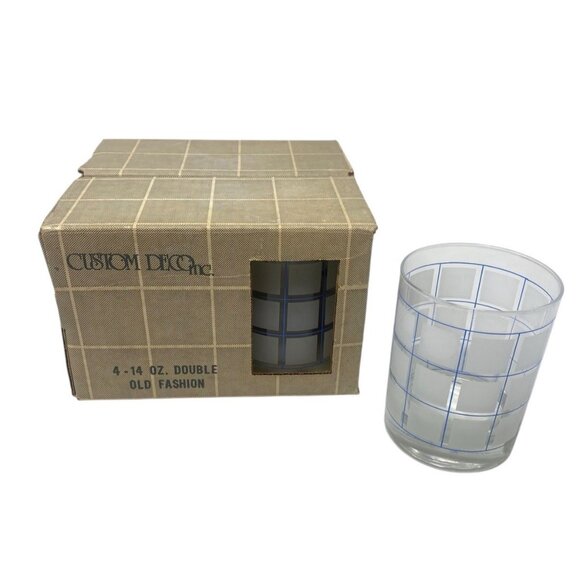 Vintage NOS Set of 4 Double Old Fashion Blue & White Square 14 oz Glass Cups